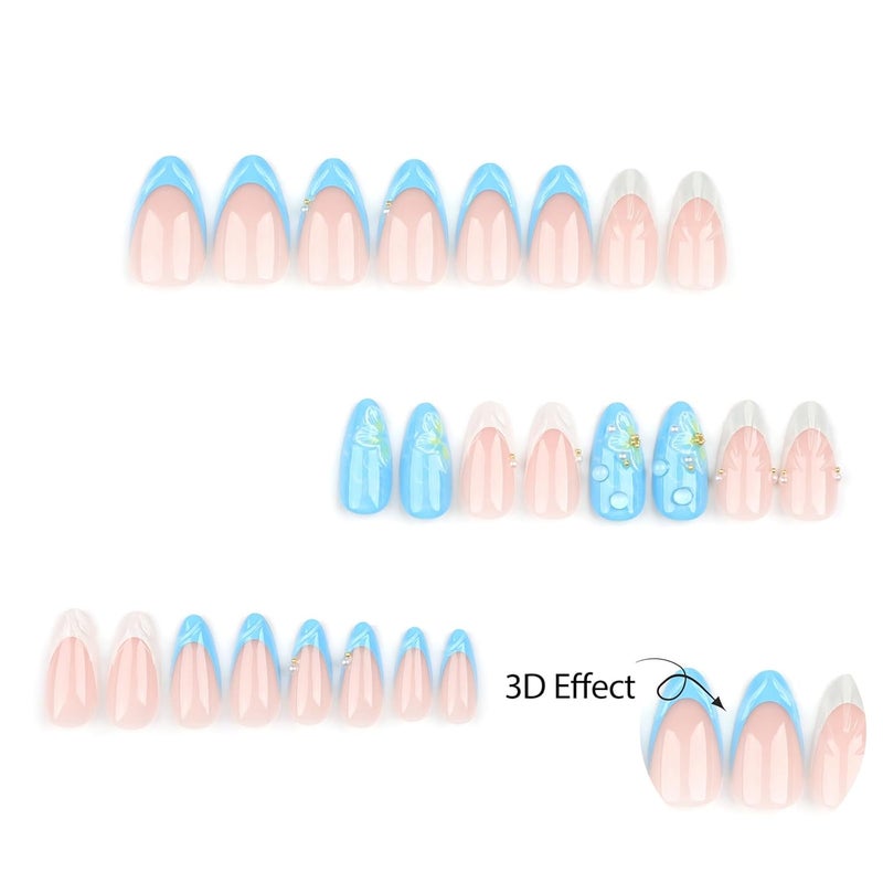 ASABITE 24 Pcs Blue Almond Press on Nails Medium Length Fake Nails 3D Flower and Water Ripple Design Artificial Acrylic Nails Press ons Cute French Tip False Nails Summer Glue-Free Nails for Women - Image 4